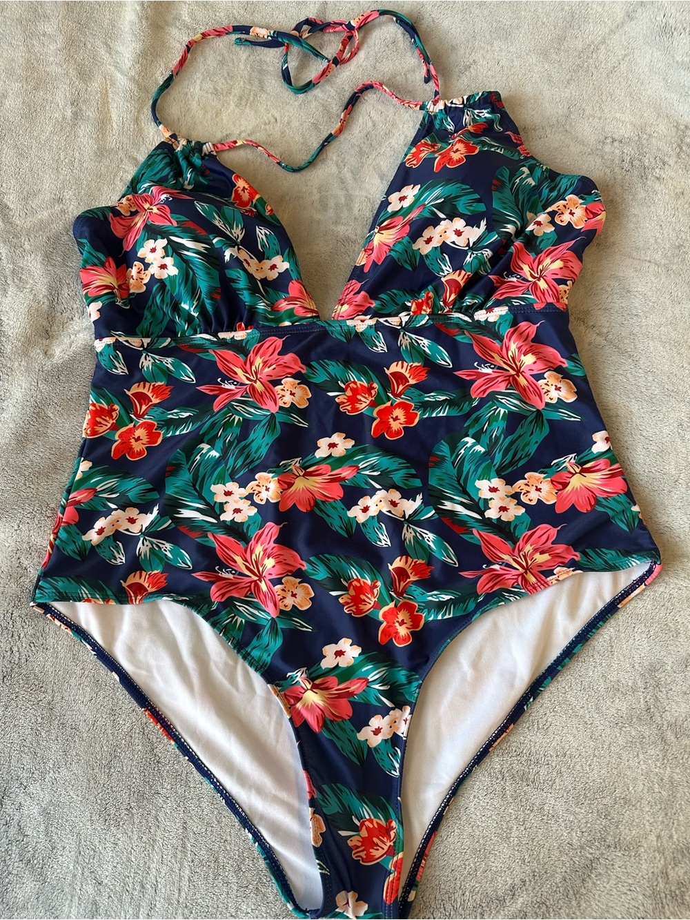 SHEIN Navy One-Piece Swimsuit with Pink & Green Floral Print